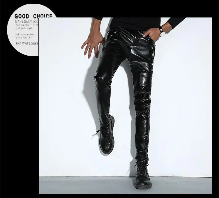 New Men Skinny Leather Pants Fashion Faux Leather Trousers For Male DJ Rock Stage Club Wear Biker Motorcycle Pants