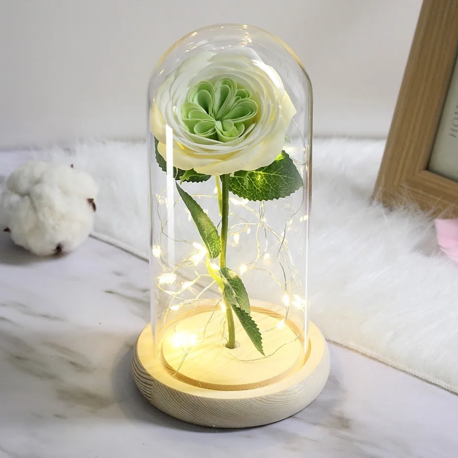 green LED Soap Flower Rose Flower In Glass Dome Christmas Gifts Artificial Flower Valentine's Day Wedding Party Home Decor Fake Flower - Цвет: green