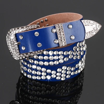 sapphire 18 Cowskin Женские дизайнерские роскошные стразы, широкие ремни, однотонный ремень из воловьей кожи для женщин, модный Леопардовый яркий ремень с кристаллами для джинсов - Цвет: sapphire 18 Cowskin