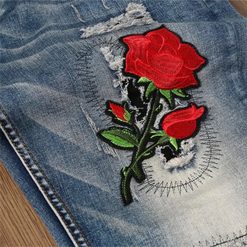 

High Street Style Men Elastic Denim Jeans Men's Embroidery Slim Jeans Men Spring Autumn Cowboy Trousers Long Jeans