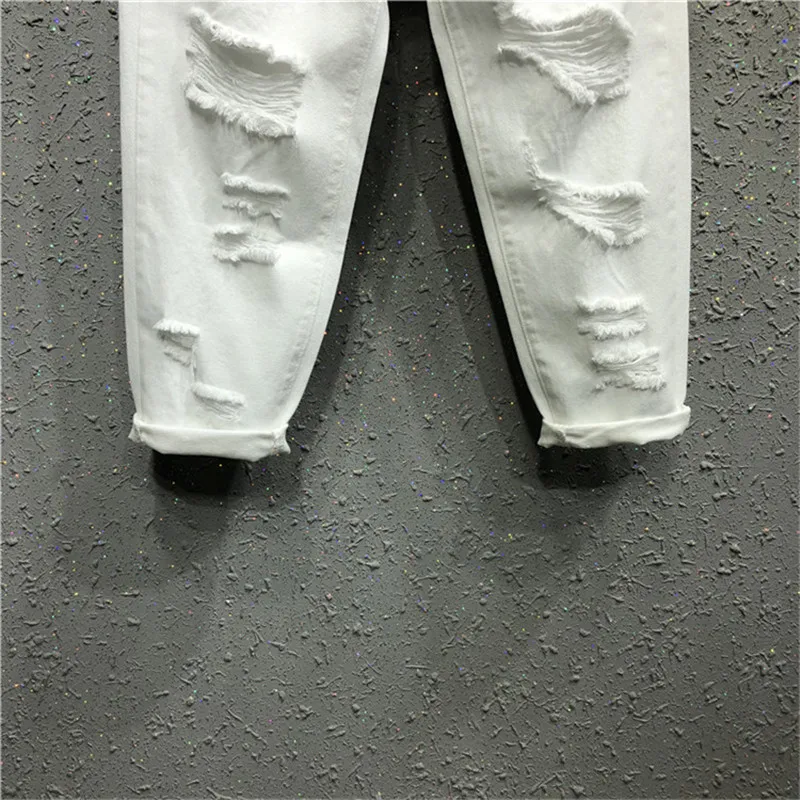 Женские джинсовые шаровары повседневные свободные белые рваные джинсы с дырками