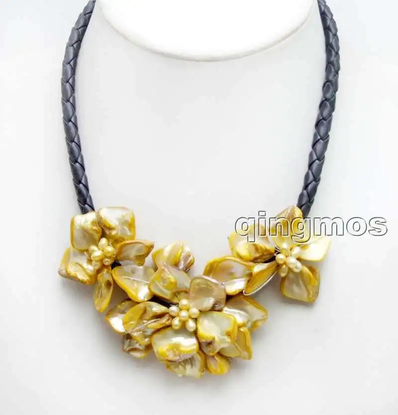 

Big 1 piece 70mm and 2 piece 50mm Orange Baroque Shell Flower and Natural Pearl pendant Black 6mm Rope 18'' Necklace-nec6336