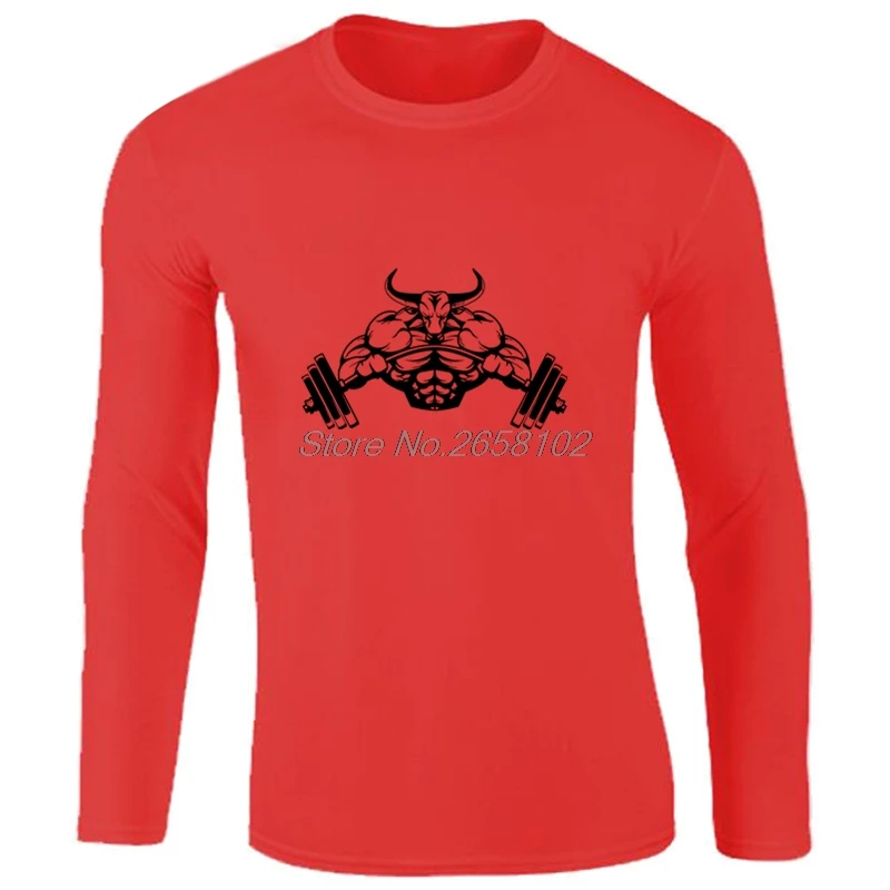 Осенняя забавная футболка для фитнеса Barbell Bull модная Мужская хлопковая с длинным