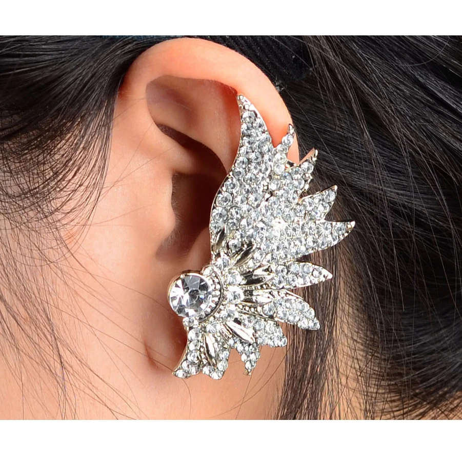 

Fashion Gothic Rock Punk Crystal Wing Cuff Earrings Women Silver Plated Crystal Wings Ear Cuff Wrap Clip Ear Hot Earrings