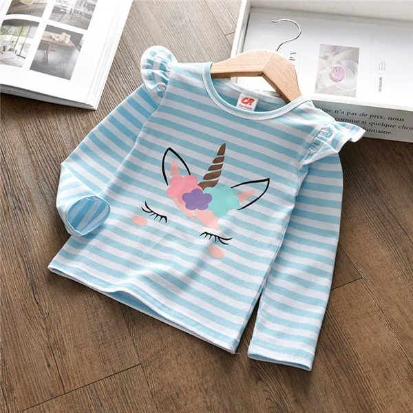 T18384 BLUE Детские футболки с длинными рукавами из хлопка в полоску с единорогом; милые футболки для девочек; осенне-весенние детские футболки с героями мультфильмов; топы для детей - Цвет: T18384 BLUE