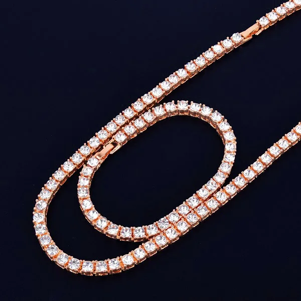 Rose gold set 1 ряд 5 мм теннисное ожерелье и браслет набор золото серебро цепочка чокер со стразами мужские хип хоп уличные рок ювелирные изделия 1" 18" - Окраска металла: Rose gold set