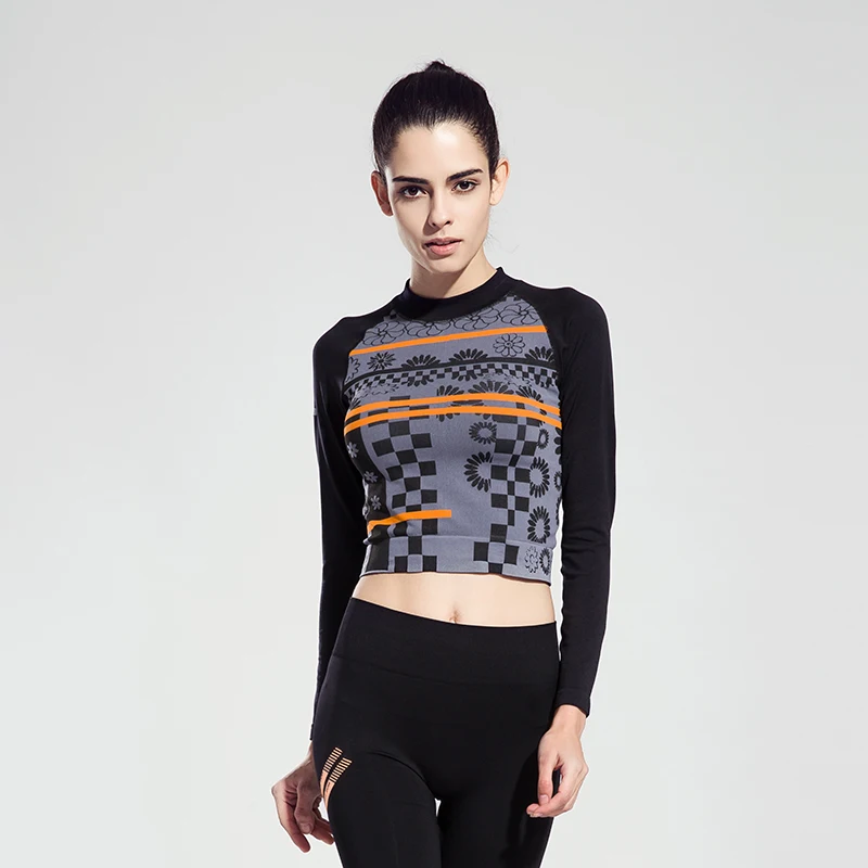 Стенд воротник с Flore Для женщин Йога рубашка длинными рукавами пикантные Фитнес