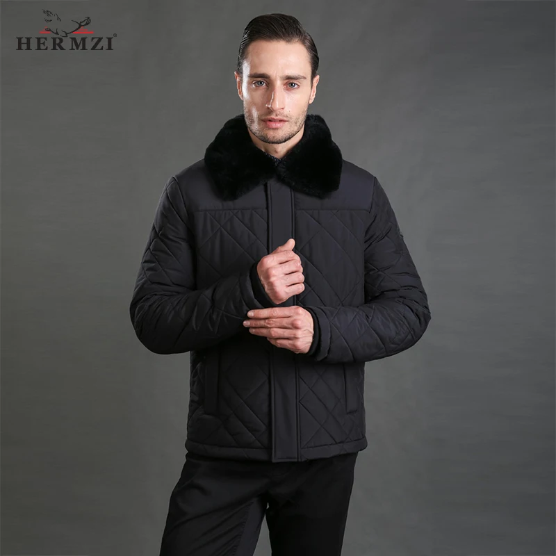 HERMZI 2022 Winter Jacket Men Cotton Padded Jacket Thick Warm Winter Coat Black Jacket Men Winter Rex Rabbit Fur Russian Size