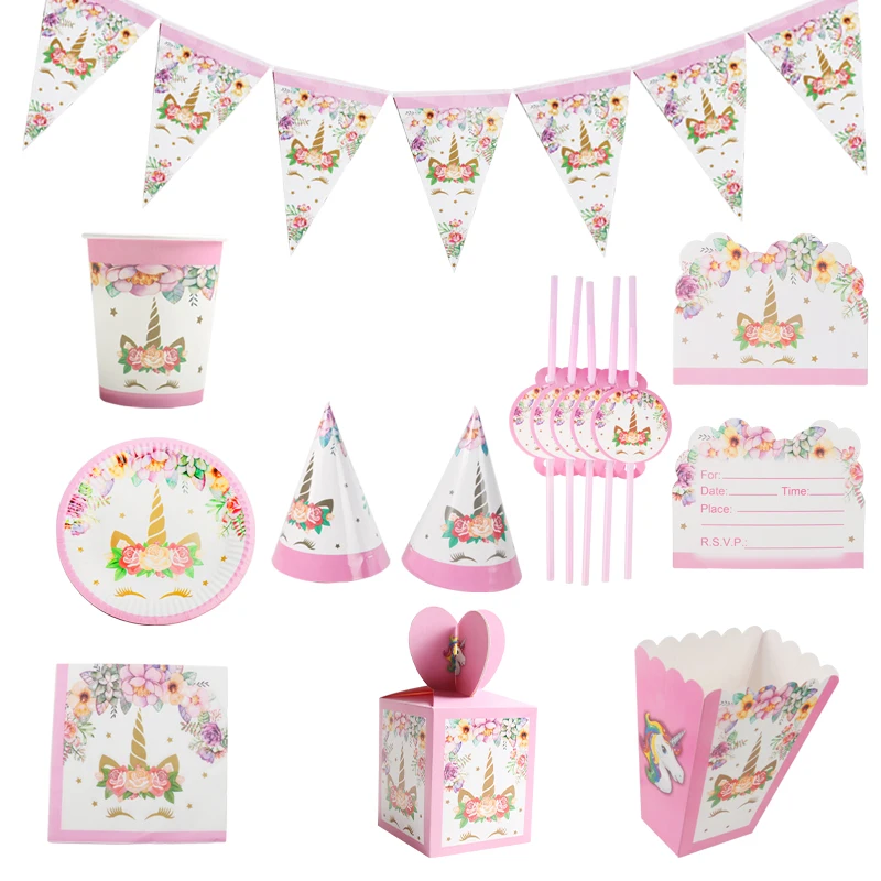 Розовый голубой единорог мультфильм детский день рождения набор одноразовые