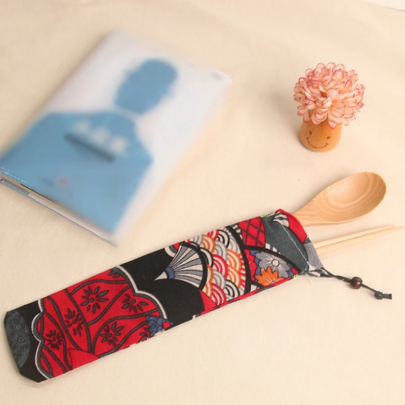 

Hot Portable Cutlery Bag Cloth Linen Tableware Knife Forks Spoon Container Striped Print Japan Style Dinnerware Bag For Travel