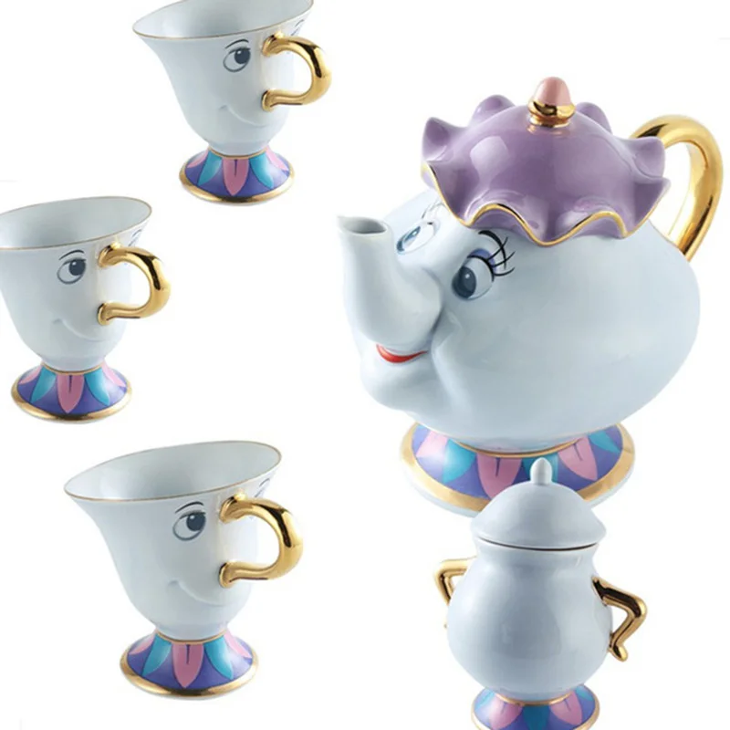 

Чайный набор с героями мультфильмов «Beauty And The Beast», Potts Chip Pot, чашка, кофейная чашка, милый подарок на Рождество, день рождения, 1 баночка, 3 чашк...