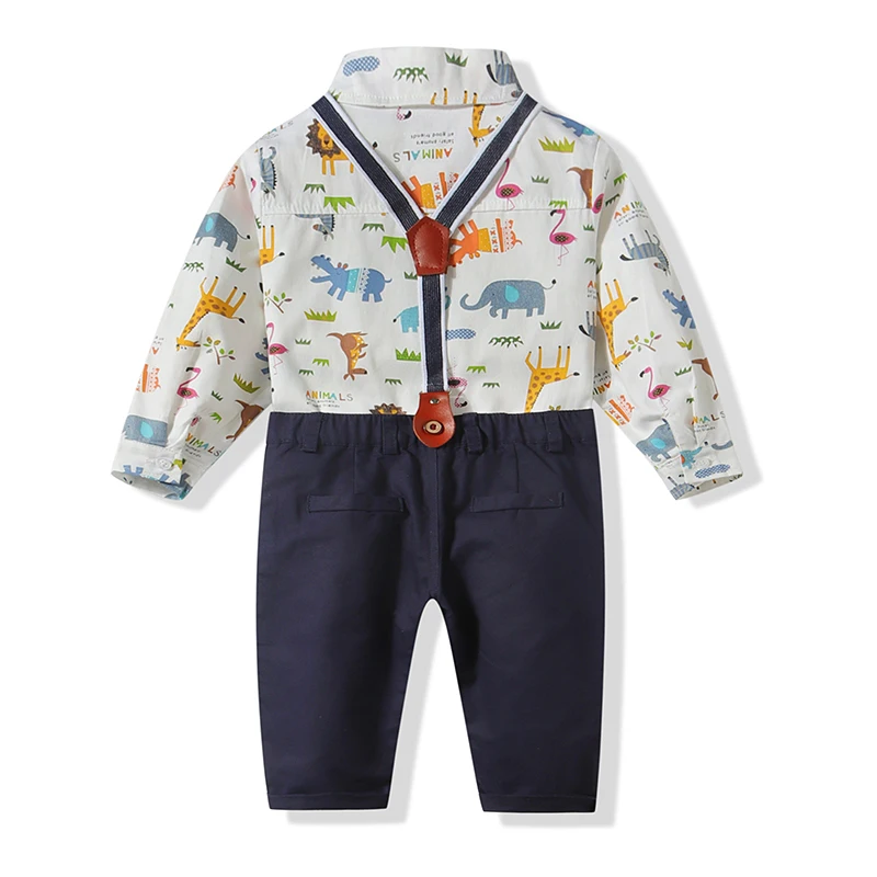 Kimocat 2pcs Baby boy clothes set Spring and fall cartoon animal suspenders gentlemen's shirt black casual pantsuit |