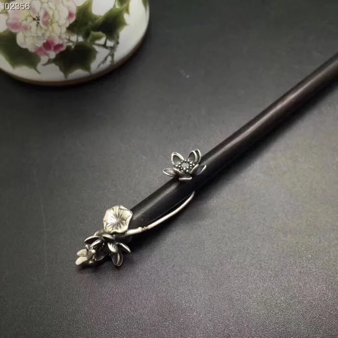 Серебряный 3d Лотос Ebony Hairstick винтажная китайская шпилька цветок Деревянная вилка для волос женские аксессуары для волос шпилька для волос 18 см WIGO1285