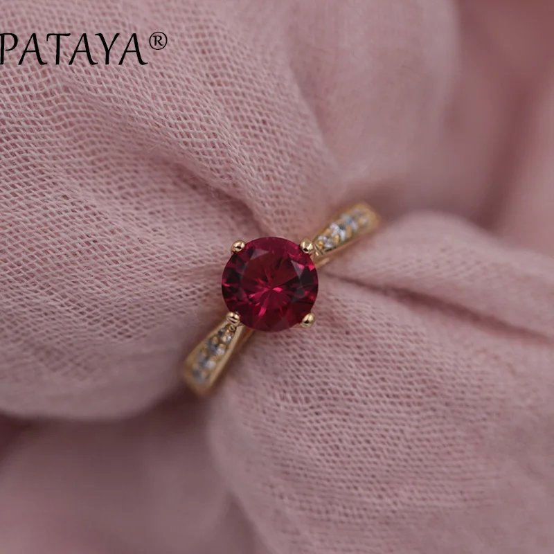 PATAYA Новое поступление 585 кольца из розового золота женские свадебные Романтические Аксессуары Ювелирные изделия розовый красный круглый природный Цирконий кольца - Цвет основного камня: rose red