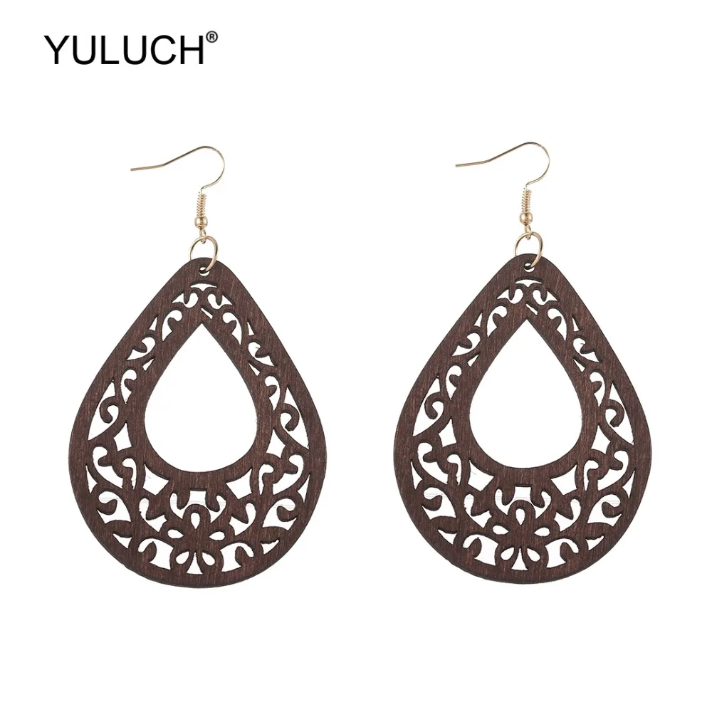 YULUCH 2019 модные 4 цвета деревянные полые цветочные висячие серьги этнические