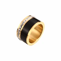 vintage stainless steel ring 10mm width one row crystal ring black white ceramic resin finger ring for lovers