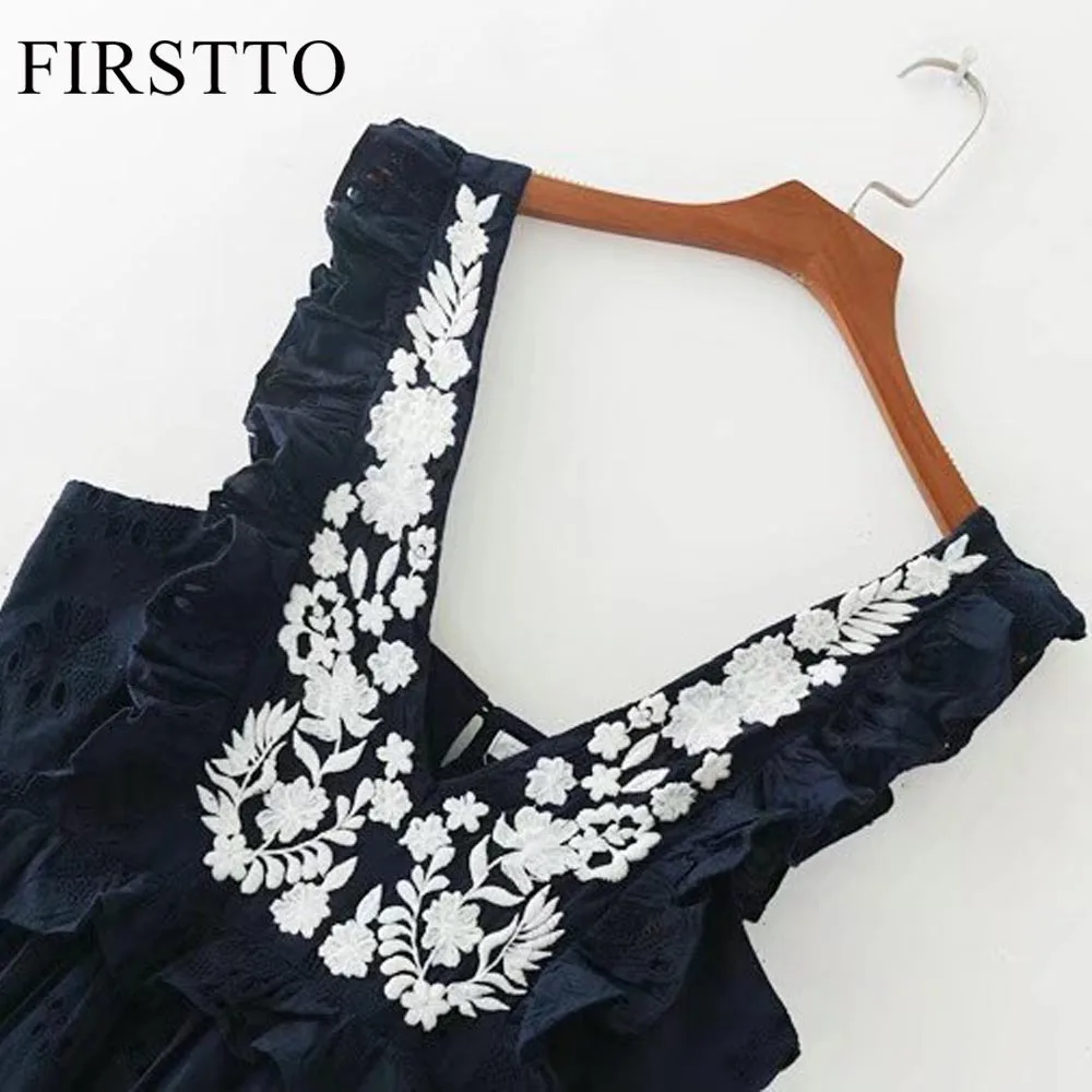 FIRSTTO Сладкий цветочный узор вышивка каскадные оборки рукава спинки сзади Кнопка