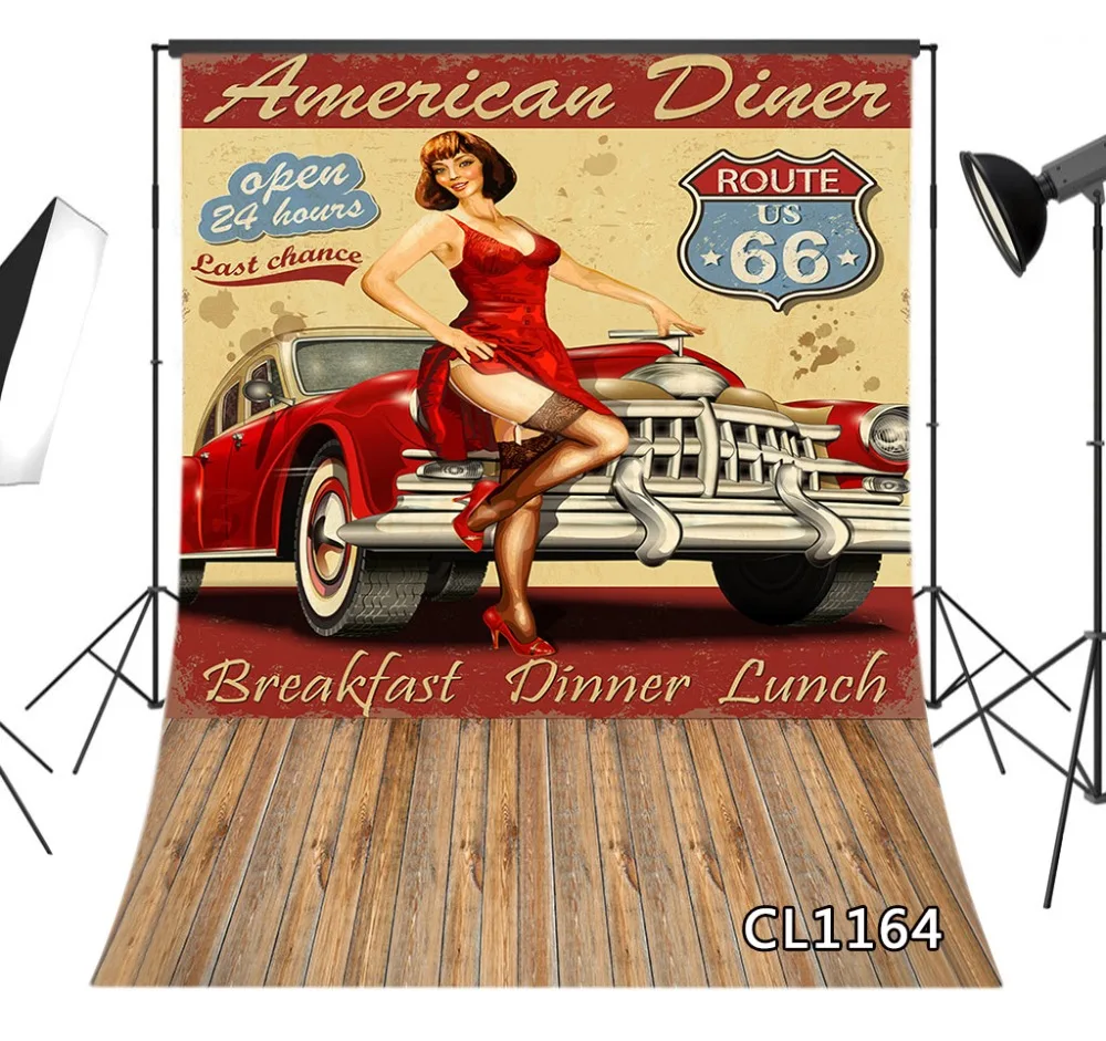 LB America Route 66 ретро автомобиль девочка мотоцикл без сгибов фон для фотосъемки