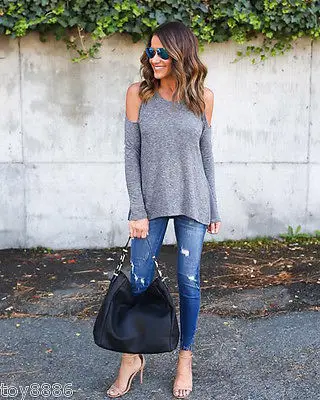 autumn fall spring warm women femme clothing Cold Shoulder Tops Elegant gray Casual Shirt Lady Polyster Off The Blouse | Женская одежда