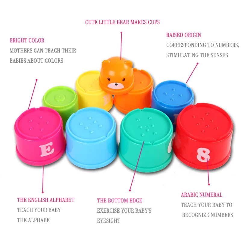 

mylb 9PCS Stack Cup Tower Educational Baby Toys 6Month+ Figures Letters Foldind Children Early Intelligence birthday fun gifts