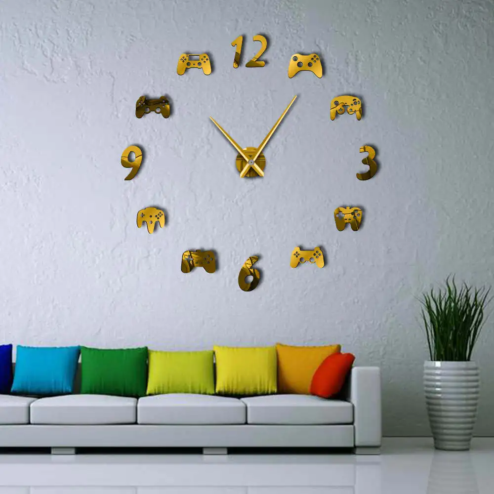 Геймпад DIY большие настенные часы Современные игровые контроллеры 3d diy акриловые зеркальные кварцевые иглы Horloge - Цвет: Золотой
