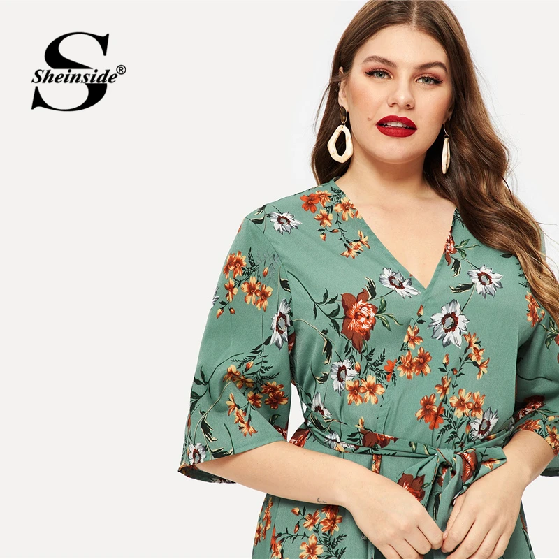 Sheinside размера плюс цветочный принт V образным вырезом летнее платье для женщин Половина рукава шифон платье Высокая талия поясом прямые платья
