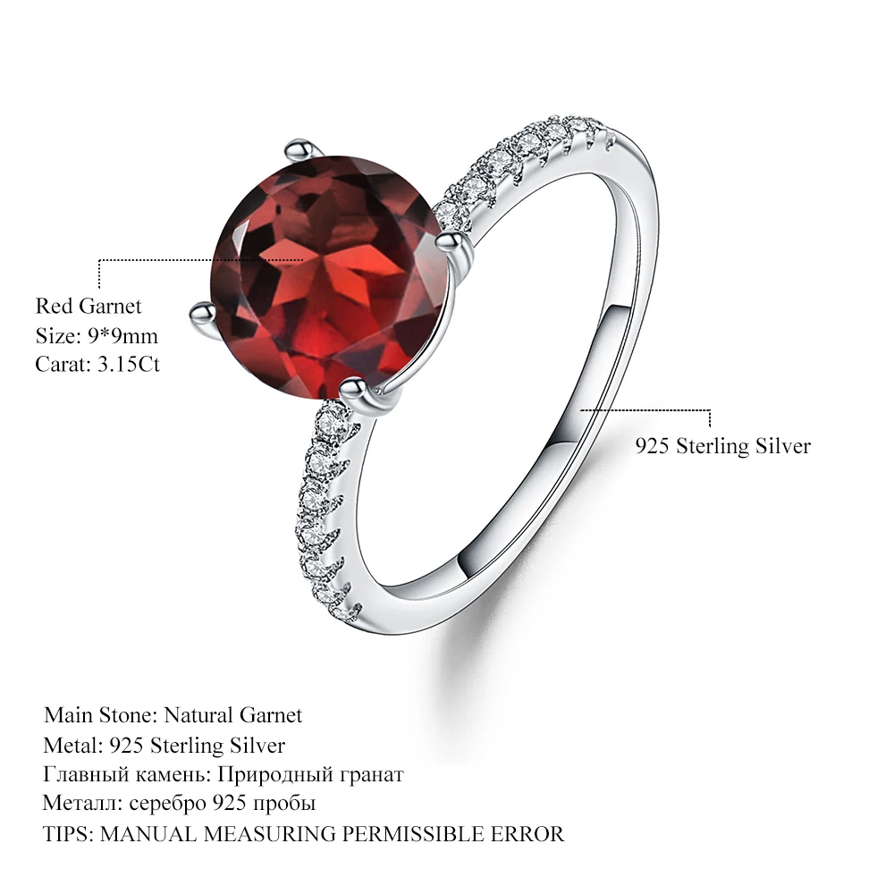 

GEM'S BALLET Classic Engagement Ring 4 Claws Design 3.15Ct Natural Red Garnet 925 Sterling Silver Rings For Women Wedding