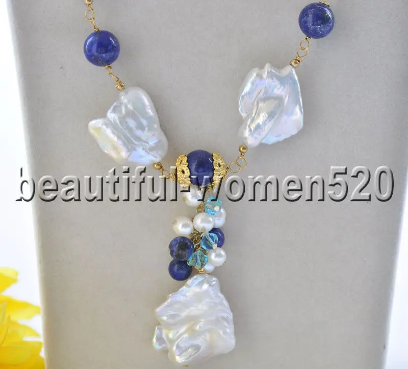 

Z9201 30mm White Keshi Pearl lapis lazuli Bead Necklace Pendant 20inch