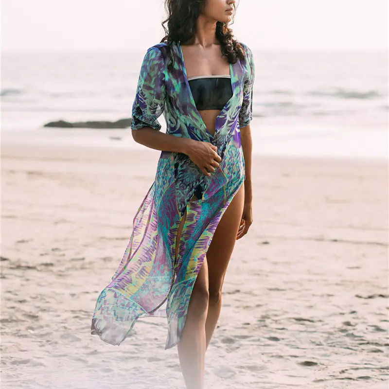 NAIDEY 2019 Summer Printed Bikini Cover Up Loose Split Beach Cardigan Women Long Chiffon Beachwear Pareo Kaftan Robe de Plage |