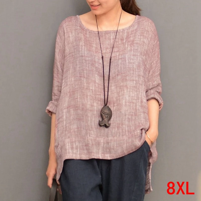 Женская футболка из хлопка и льна большого размера 5XL 6XL 7XL 8XL летняя свободная