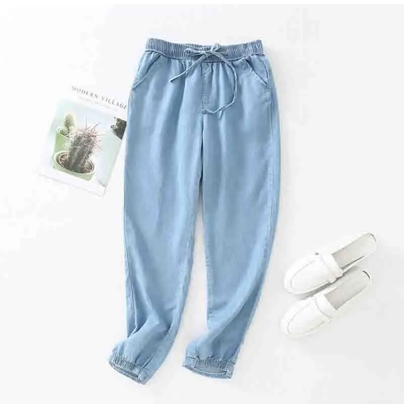 Light blue Женские джинсовые брюки летние повседневные тонкие брюки корейские эластичные талии свободные смягчающие Большие размеры Femme джинсовые шаровары 3XL - Цвет: Light blue
