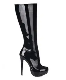 Black Patent Leather Брендовые новые осенне-зимние сапоги до колена женская обувь кожаные женские сапоги на высоких каблуках женская обувь на платформе на каблуке 14 см в стиле суперзвезды - Цвет: Black Patent Leather