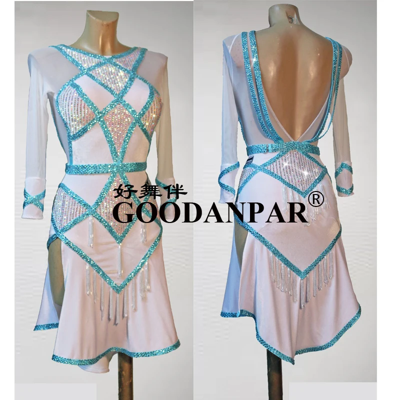 

fringe Latin dance dress latin sexy salsa dress ballroom dancng gown costume color white anc ligh blue Sunflower Dance Dress