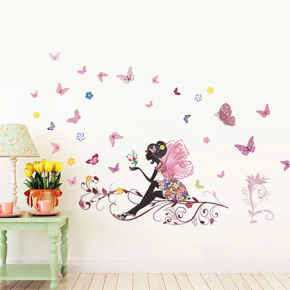 Новинка Лидер продаж 1 шт. 120*80 см Феи девушка бабочка цветок наклейки Спальня