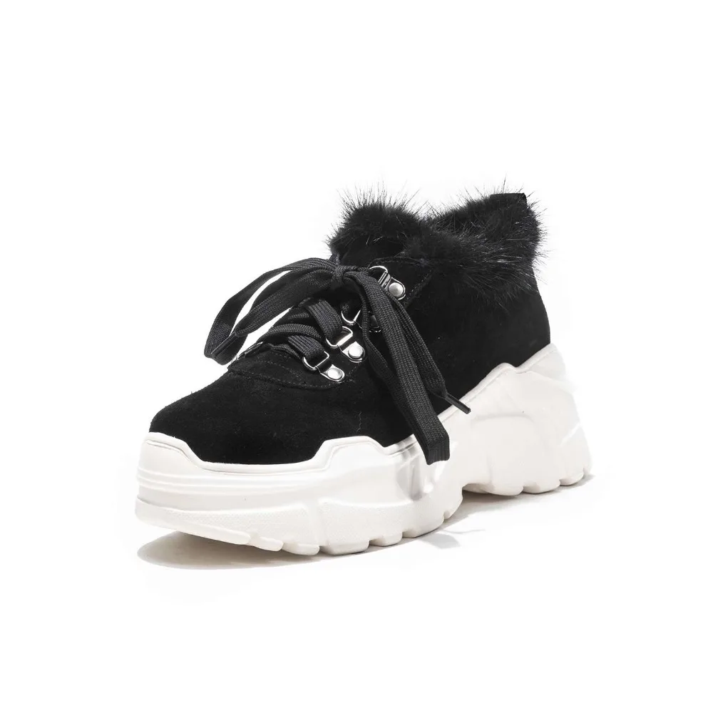 2019 коровья замша круглый носок Толстая Высокая платформа шнуровка норковый мех
