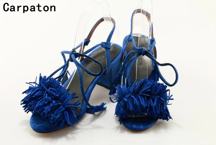 Harga Carpaton Terbuka Toe Sandal Wanita Tinggi Sepatu Tumit Tebal Fringe Desain Renda Sandal Biru Sandal Wanita Manis Party Sepatu