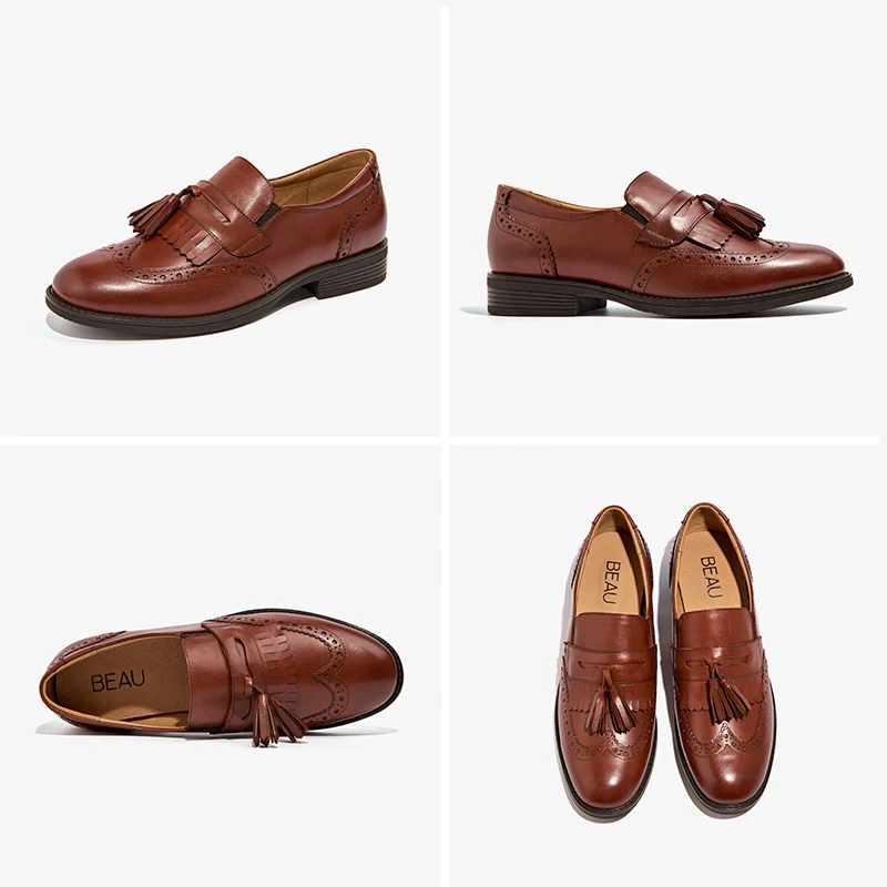 Туфли BeauToday женские с бахромой натуральная телячья кожа броги круглый носок