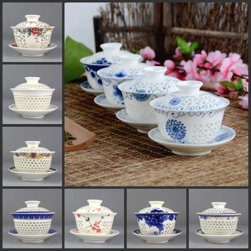 

on sales Chinese tureen porcelain cup bowl handpainted hollow-out design gaiwan ceramic covered bowls cup saucer with lid new
