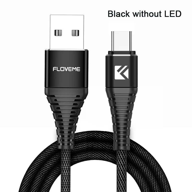 FLOVEME usb type-C кабель для samsung Galaxy S10 S9 S8 Plus светодиодный USB C зарядное устройство кабель передачи данных для быстрой зарядки для Xiaomi Redmi Note 7 - Цвет: Black without LED