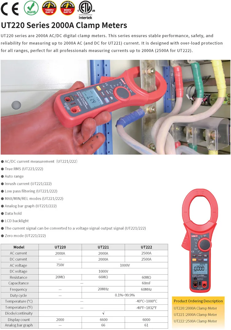 UNI-T UT222 ACDC 2500A цифровой клещи True RMS Амперметр резистор/частота/температура/диод тест перенапряжения тока данных