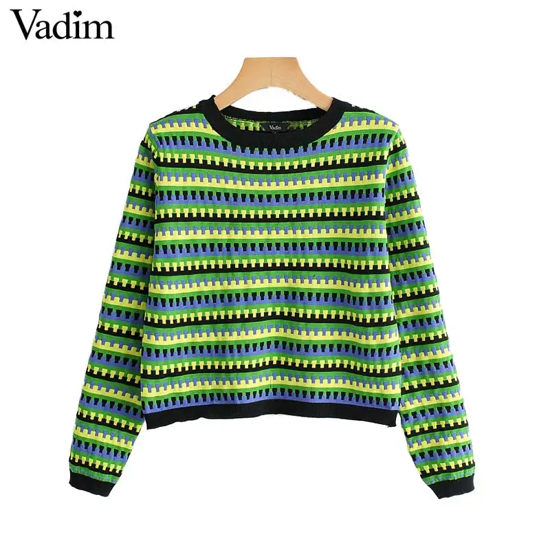 Vadim women basic striped knitted sweater short style long sleeve female casual stretchy pullovers vintage O neck tops HA373 | Женская