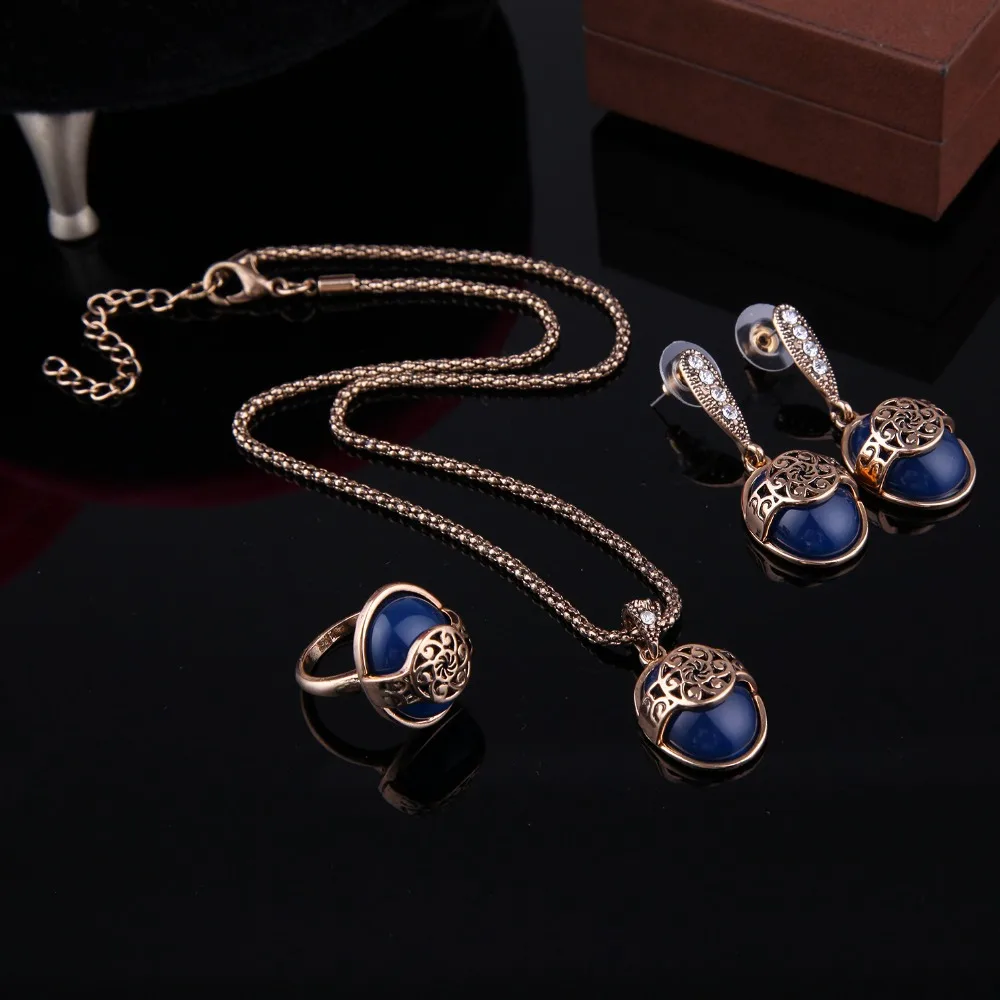 Luxury Gold Color Blue Imitation Gem Dubai Bridal Jewelry Set For Bride Necklace Earring Wedding Party Women Sets | Украшения и