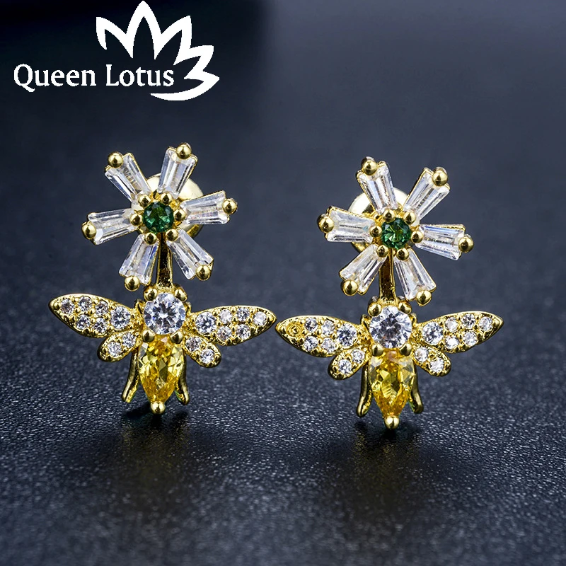 Женские серьги гвоздики Queen Lotus корейские с кристаллами в виде пчелы подарок на