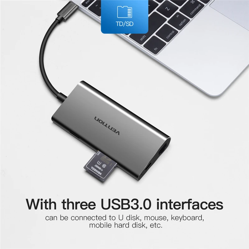 Vention USB C адаптер Тип до HDMI SD карты памяти RJ45 с Мощность PD для Macbook samsung S8/S8 +