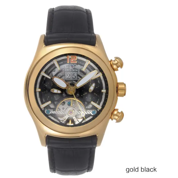 GoldBlack Forsining выпуклая стеклянная стильная Tourbillion 3D дизайнерская Натуральная кожа ремешок мужские часы лучший бренд класса люкс автоматические часы - Цвет: GoldBlack