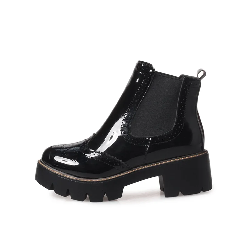 

EGONERY Women Shoes 2021 Winter Newest Fashion Round Toe Patent Leather Med Hoof Heels Platform Slip-On Ankle Boots Size 34-43