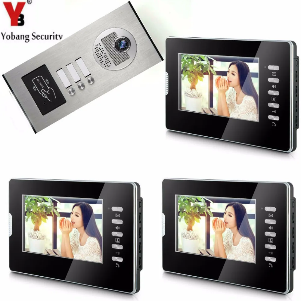 

Yobang Security 7" Video Intercom Doorbell Apartment Door Phone + 3 Monitors IR Camera for 3 Family + RFID Access System