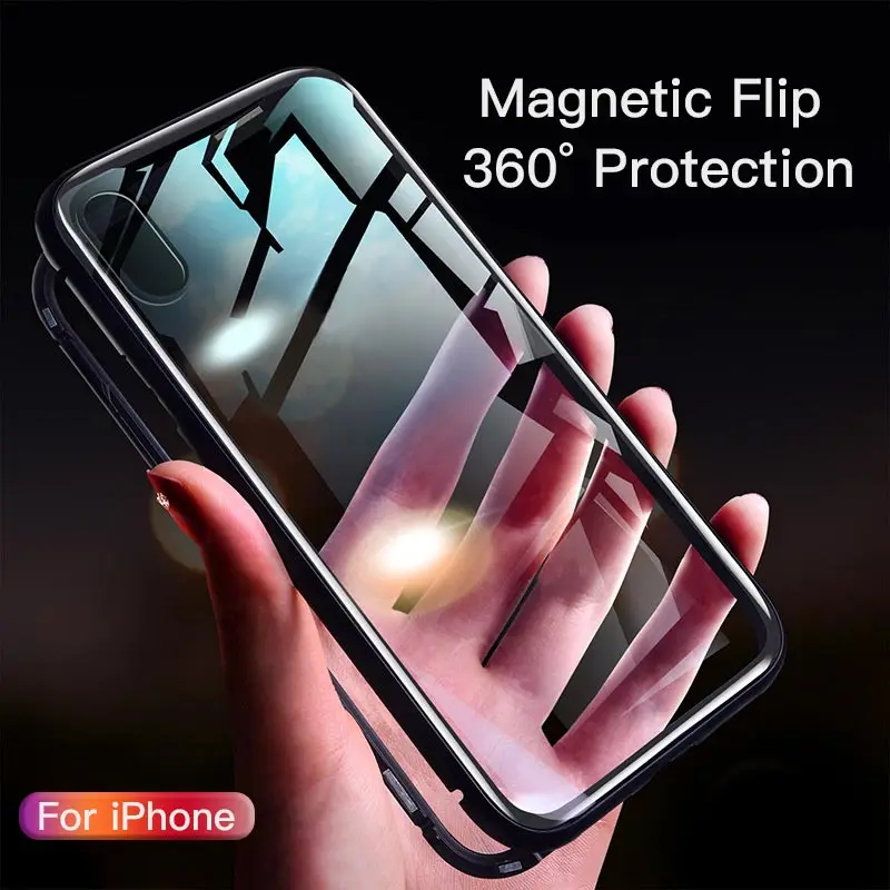 Магнитный адсорбционный чехол для iPhone X 7 8 Plus 6S 6 закаленное стекло задняя крышка