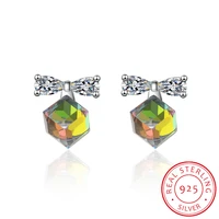 lekani genuine 925 silver cube crystals stud earrings zirconia stone fashion bowknot jewelry for women girls gift