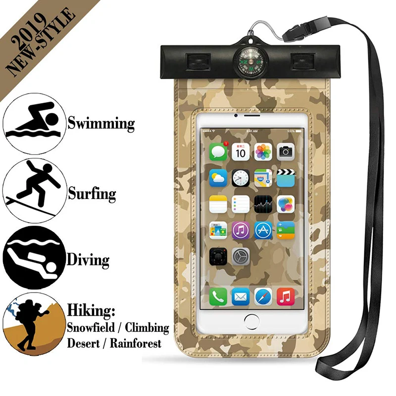 

IPX8 Waterproof Case For Phone Pouch Case Swimming Bag With Compass Arm Band Underwater Diving Phone Touch Dry Bag Camouflage